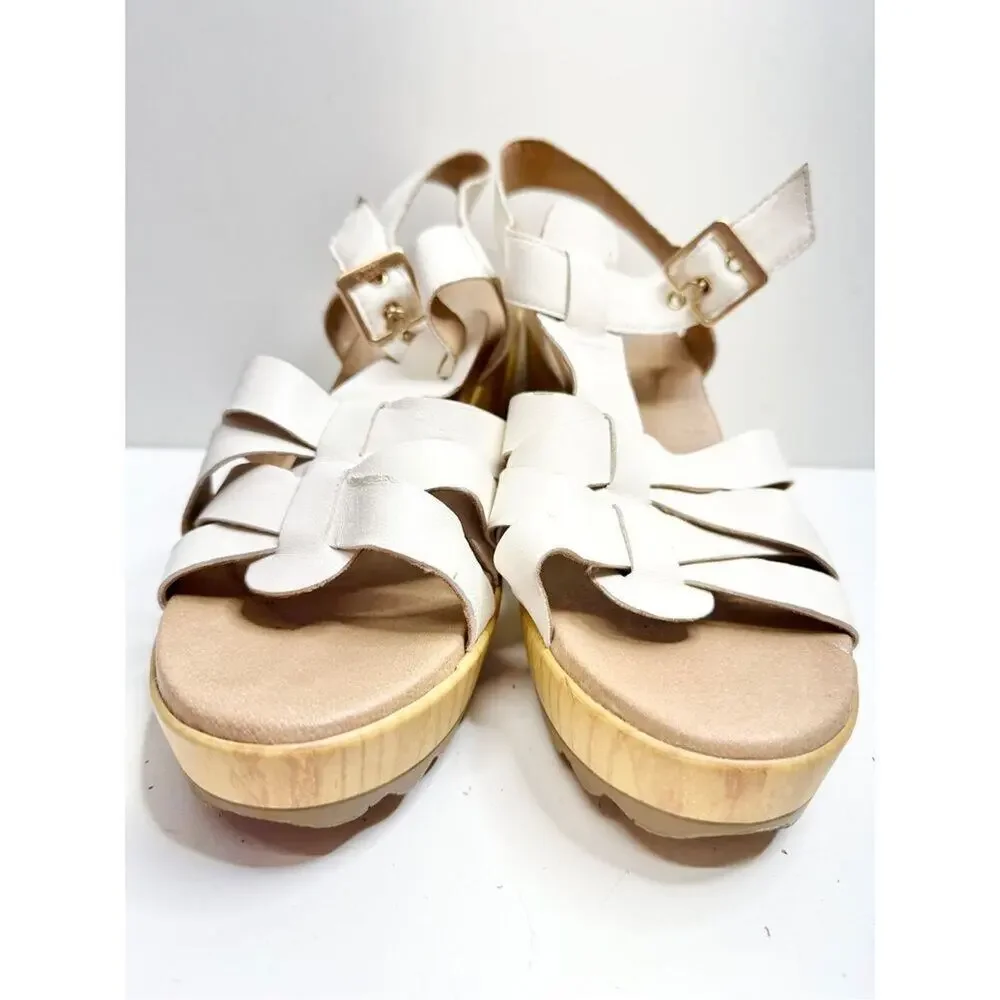 Dr. Scholl’s Sandals Size 9.5 White Leather Open‎ Toe Platform Shoes Buckle